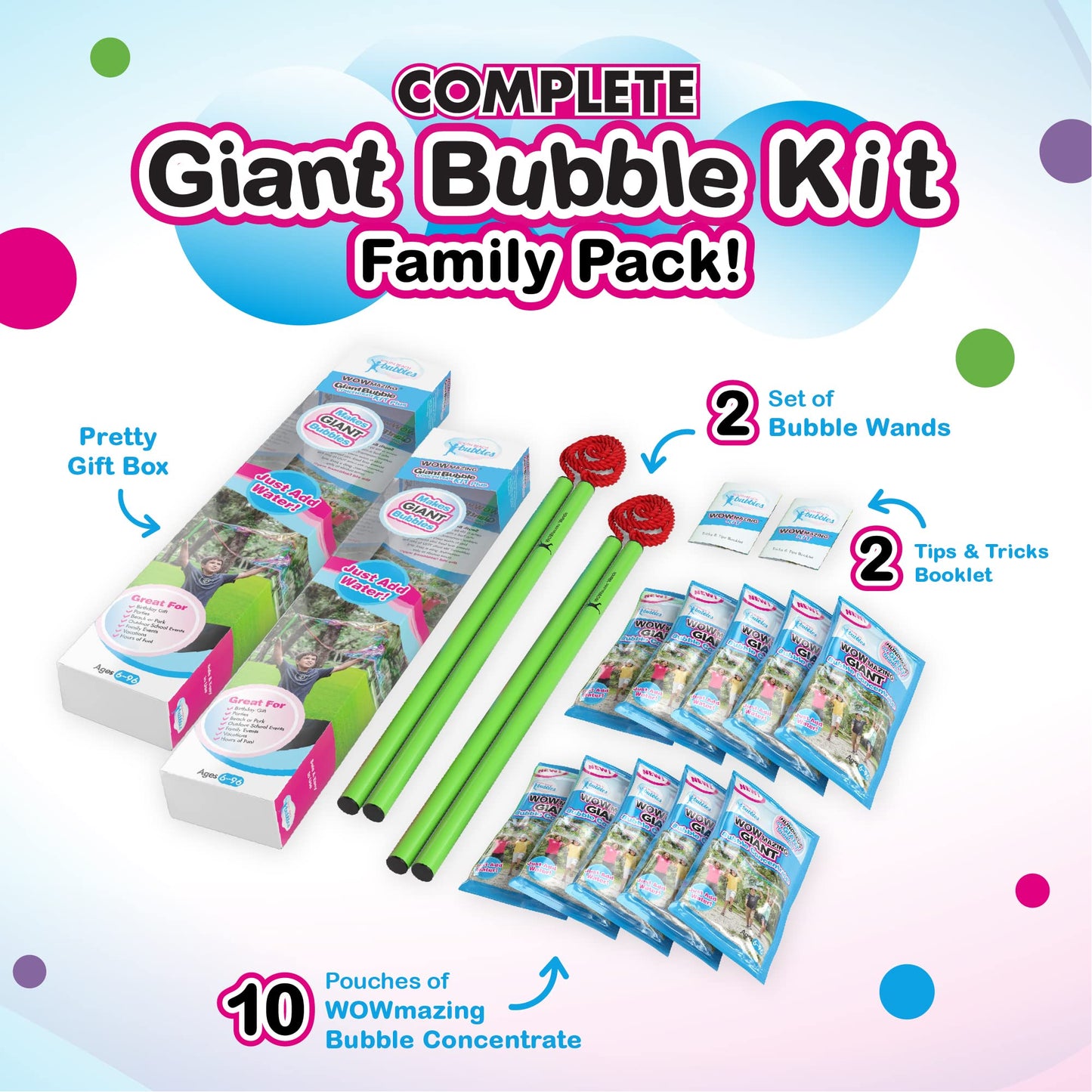 Wowmazing Giant Bubble Kit: Family Pack (14-Piece Set) Best Value - Big Bubbles Kit Including Big Bubble Wand And Giant Bubble Solution Concentrate. Makes 3 Gallon Of Large Bubbles-Family Kit