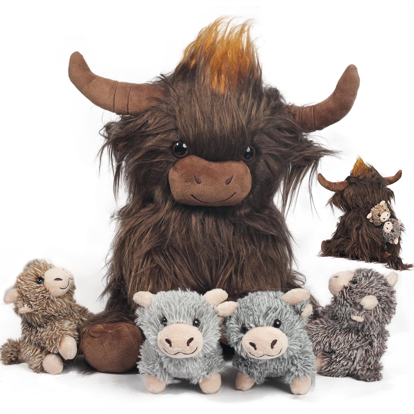 Xyhqyb Highland Cow Stuffed Animal, 5 In 1 Realistic Highland Cattle Plush Toy Scottish Highland Cow With 4 Cuddly Little Cattle