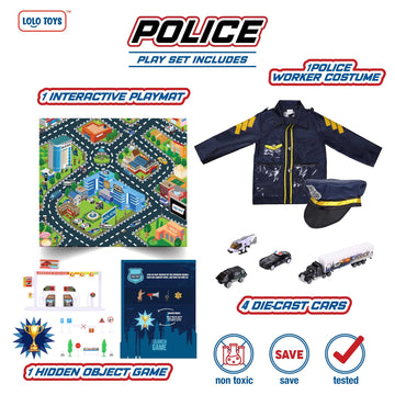 Lolo Toys Police Toys And Road Play Mat Set For Boys And Girls – 20 Piece Set With 4 Small Toy Police Car Metal Diecast Vehicles, Police Costume With Hat And Search Game- Kids Police Gear