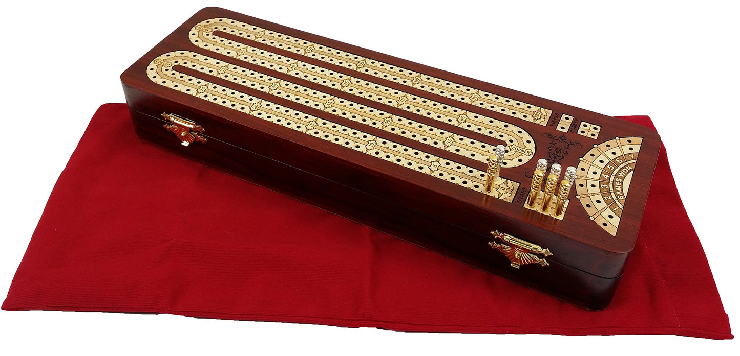 12 1/2' 2 Track Continuous Cribbage Board W/Card Storage Maple Tracks On Bloodwood Corner & Games Won