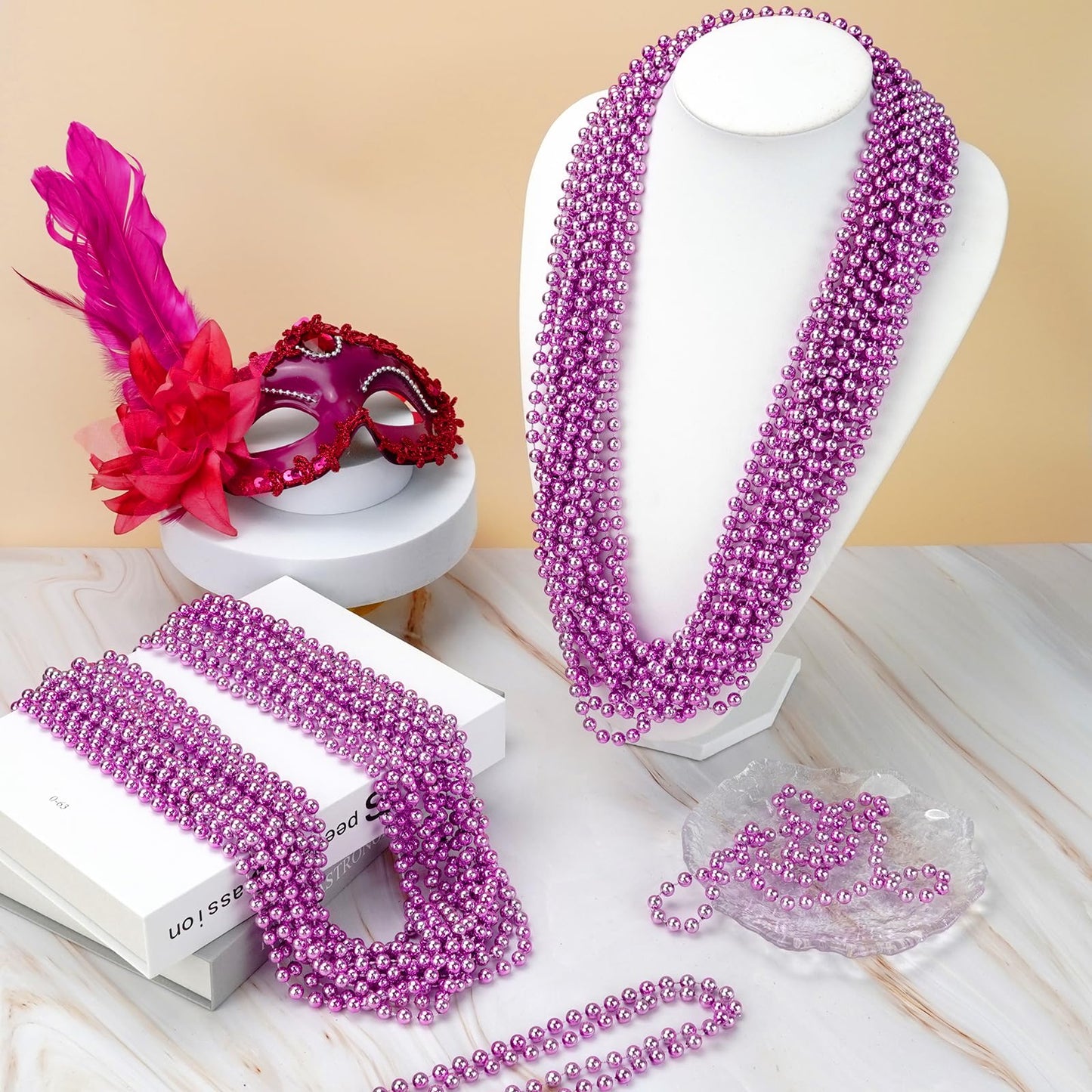 ZZYFGH 33'' 7mm Metallic Pink Bead Necklace Bulk, Mardi Gras Round Beaded Necklaces for Party Favors Costume Necklace (12 Pcs)