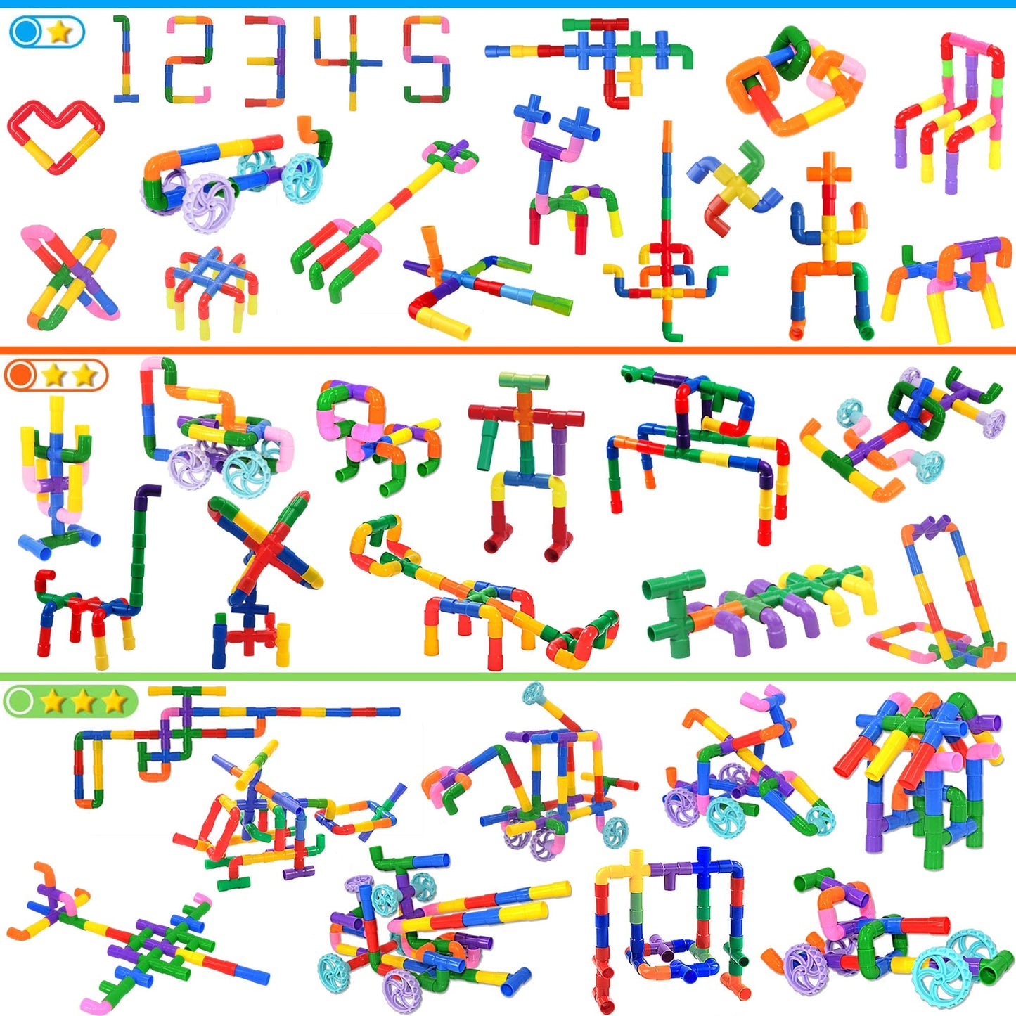FUBAODA 96 Pcs STEM Learning Pipe Tube Toys - Multicolor Building Blocks Set with Wheels, Spouts & Joints for Kids Ages 3+