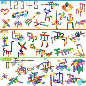 FUBAODA 96 Pcs STEM Learning Pipe Tube Toys - Multicolor Building Blocks Set with Wheels, Spouts & Joints for Kids Ages 3+