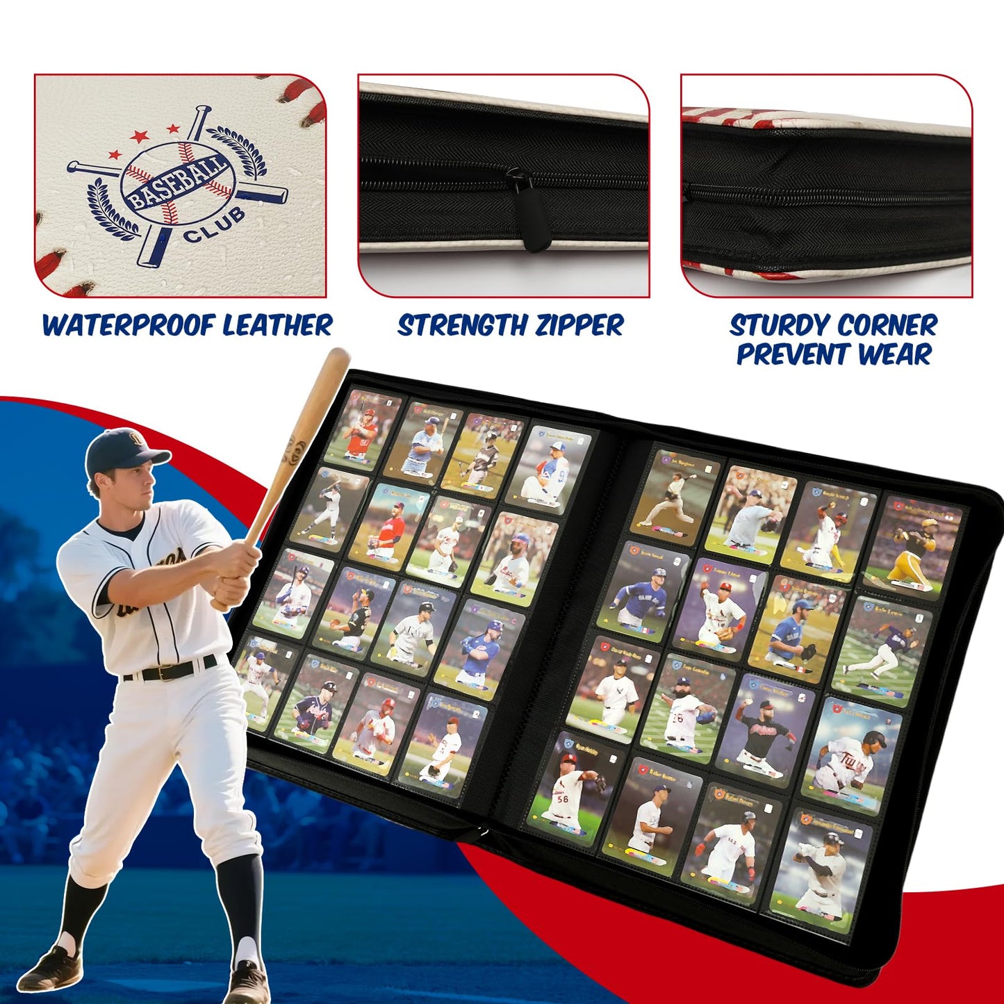 Baseball Card Binder 16 Pocket enhanced 1000+ Cards PU Cover Trading Sports Card Binder Side Loading Card Holder Collection Album Folders