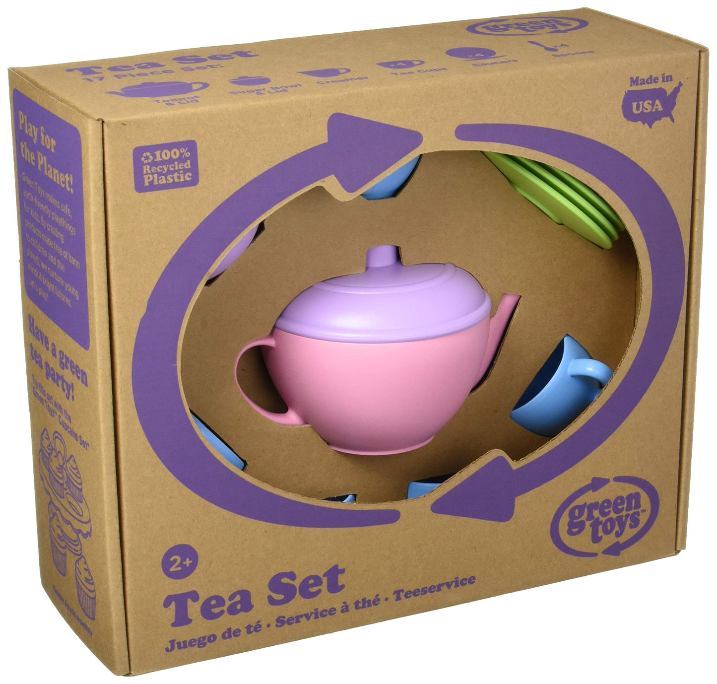 Green Toys Tea Set, Pink CB - 17 Piece Pretend Play, Motor Skills, Language & Communication Kids Role Play Toy. No BPA, phthalat