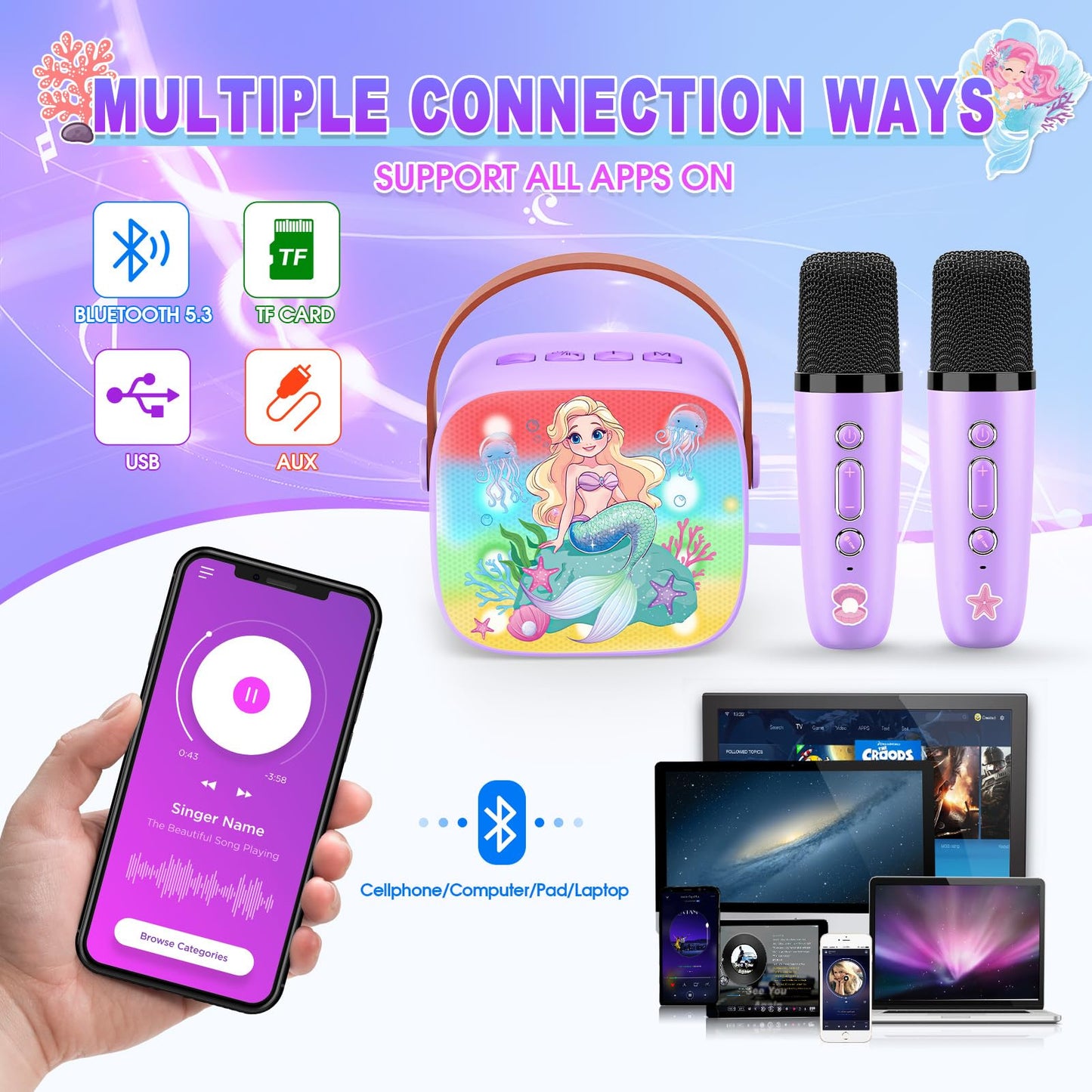 Mermaid Karaoke Microphone Machine Toys: Colorful LED Portable Bluetooth Speaker with 2 Wireless Mics Toys Gifts for 4 5 6 7 8 9
