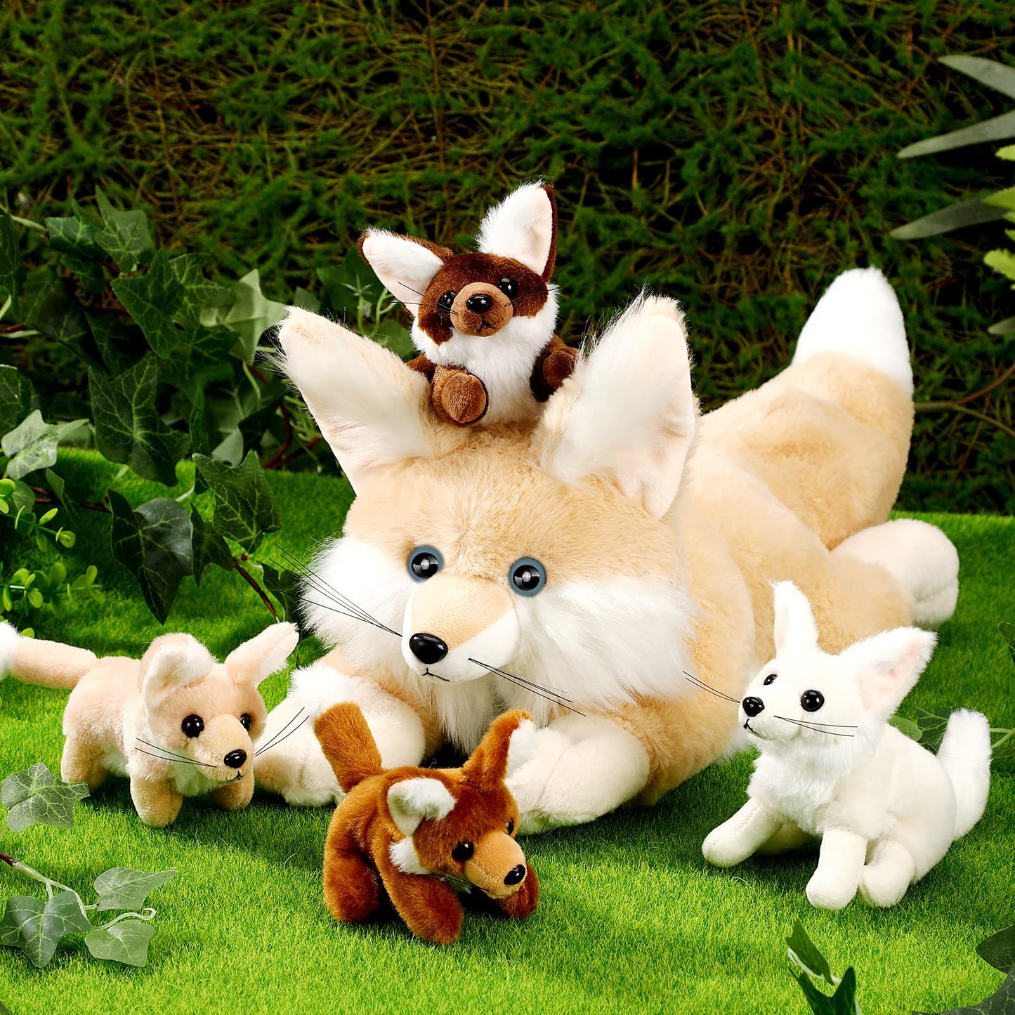 HyDren 5 Pcs Woodland Animals Plush Toy Set - 13.4 Inch Beige Fennec Fox with 4 Cute Baby Foxes - Soft PP Cotton, Perfect for Gifts