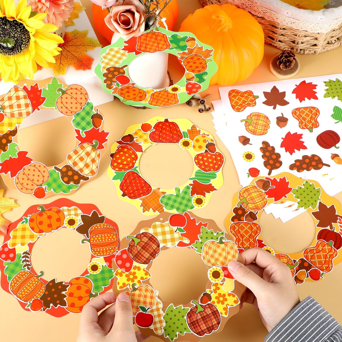 36 Sets Fall Maple Leaves Pumpkin Wreath Craft Kits Autumn Checkered Polka Dot DIY Wreath Hanging Ornaments Thanksgiving Paper A