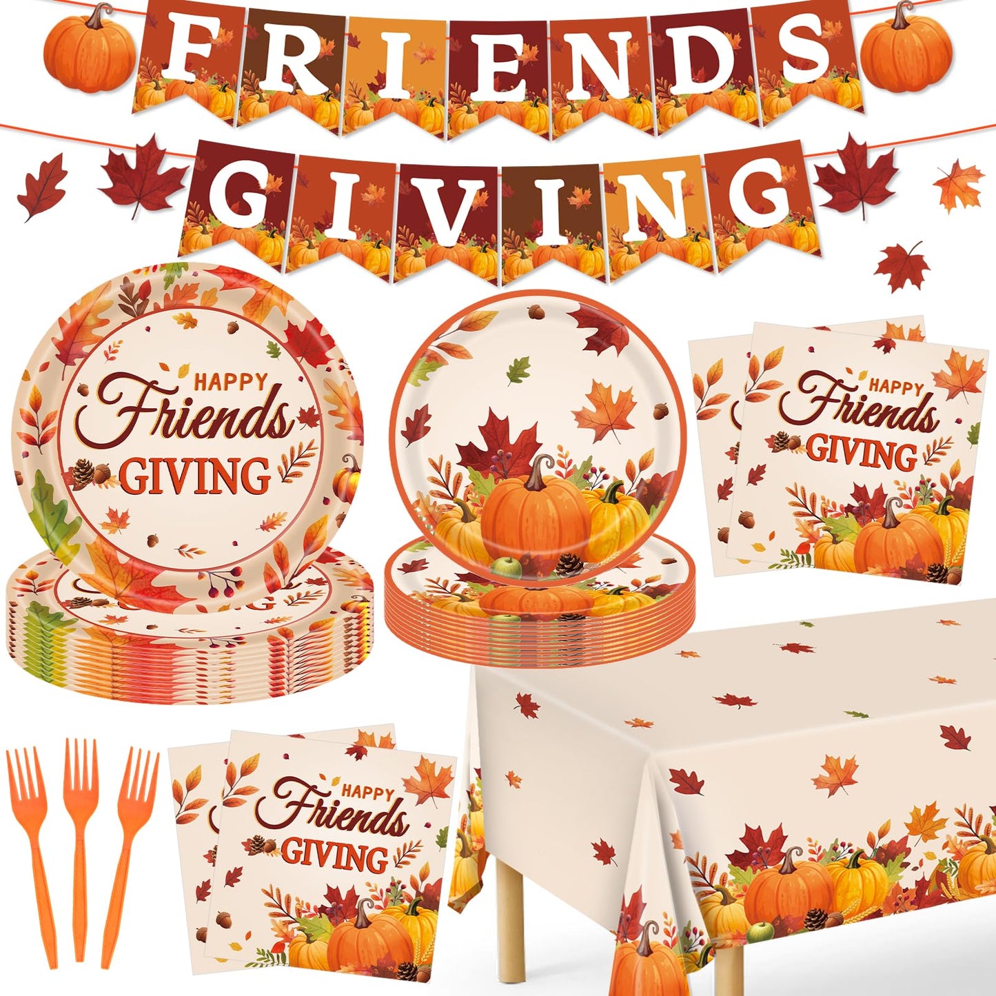 REDWORD Friendsgiving Plates, 98Pcs Friendsgiving Paper Plates-Serve 24 with Friends Giving Banner Fall Pumpkin Tablecloth Napki