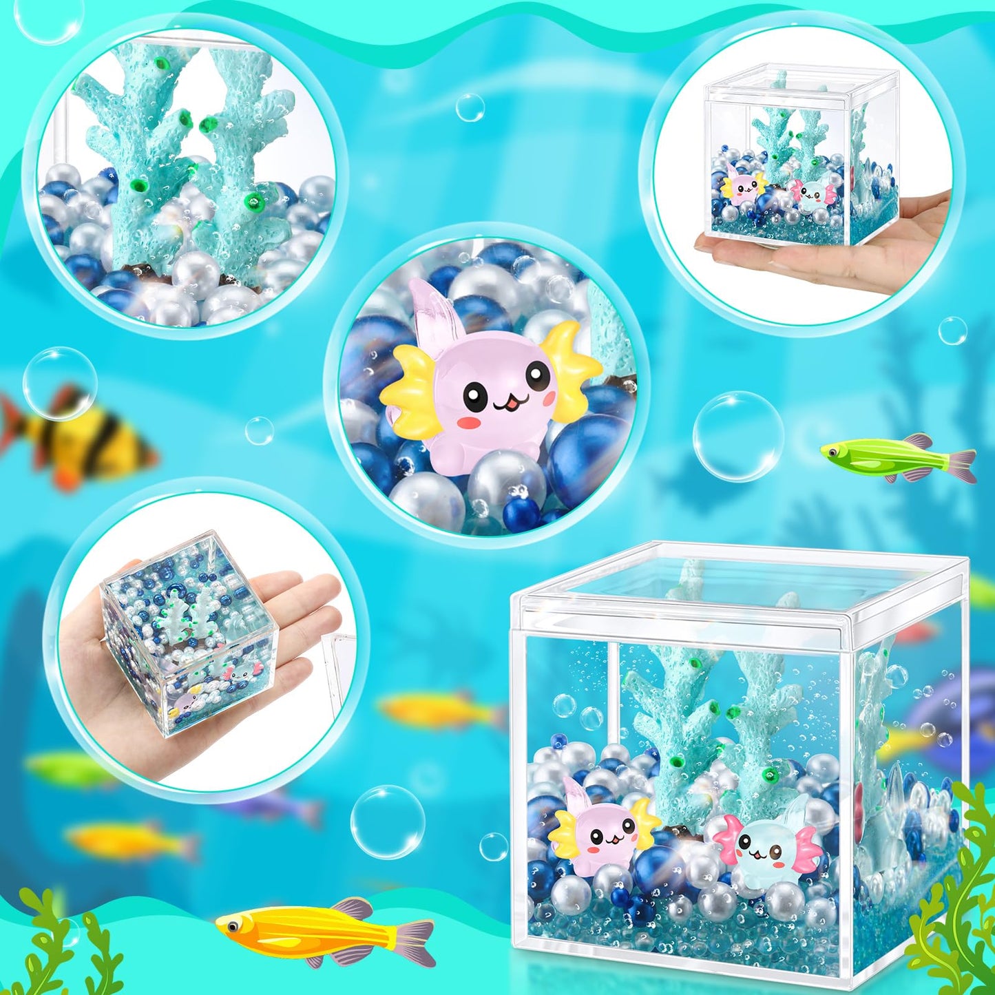 Hydren Axolotl Diy Tank Axolotl Craft Mini Axolotl Figures Axolotl Beads Axolotl Gift Set Axolotl Charms(Cute Coral,Lake Blue)