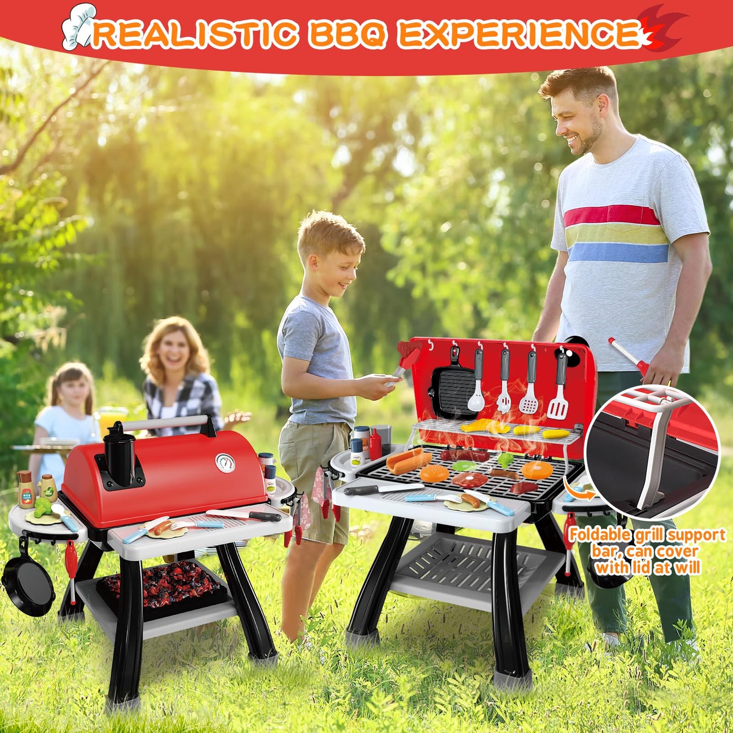 Bstoyder Kids Play Kitchen Toys, Kids BBQ Grill Kitchen Playset with Smoke, Sound & Light, Pretend Play Food Toys Cooking Set, 2