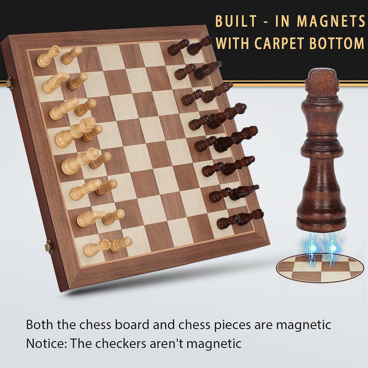2 In 1 Magnetic Chess Set & Checkers Board Game, 15'' Wooden Folding Chess Board With 2 Extra Queens, Portable Travel Chess Set