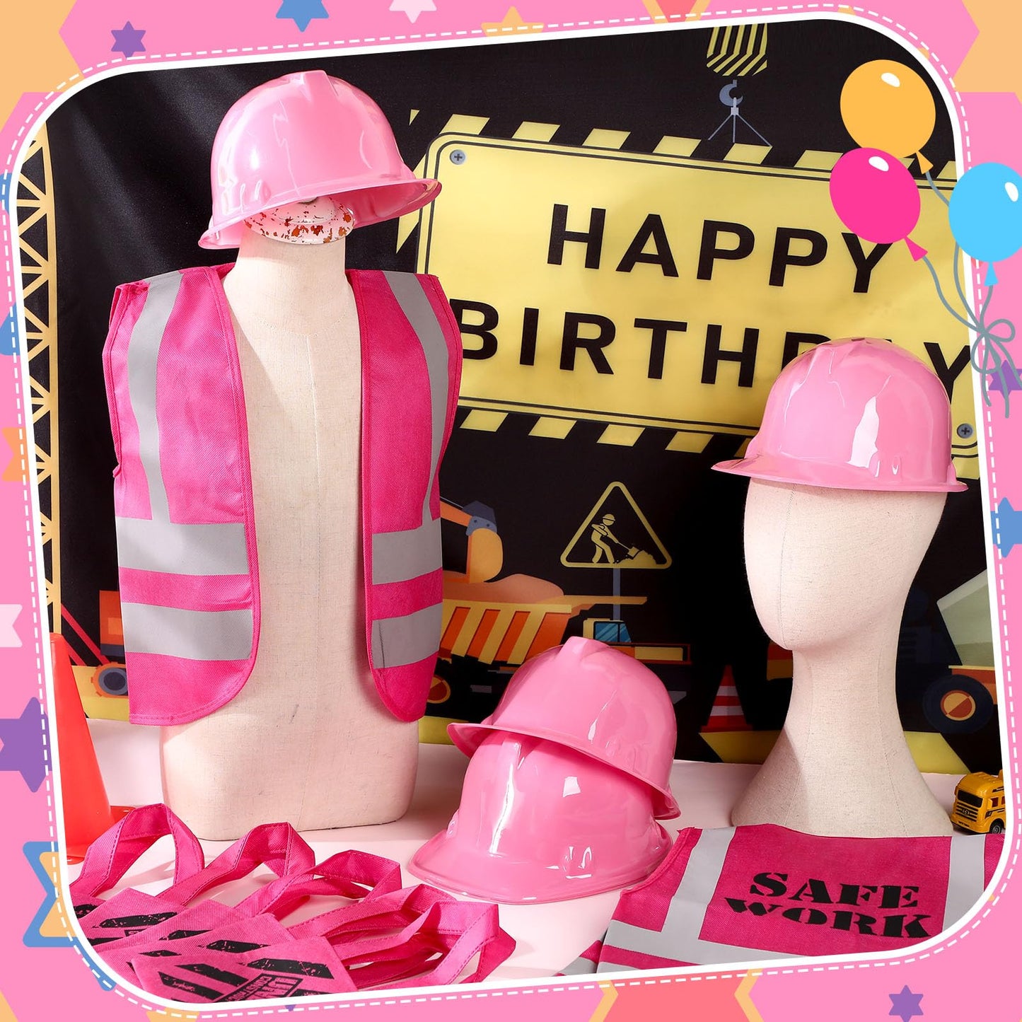 Satinior 24 Pcs Construction Dress Up Supplies Kids Costume Including Tote Bag Vest Construction Hat For Kids Age 3-8(Pink)