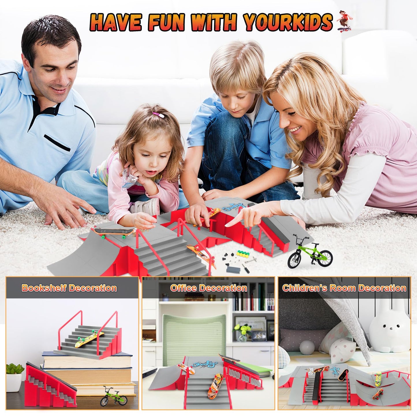 Rngodo Finger Skateboard Park Kits,14-In-1 Bigger Finger Skateboard Ramp Set With 14 Ramps,8 Fingerboards,1 Finger Bike, Skate P