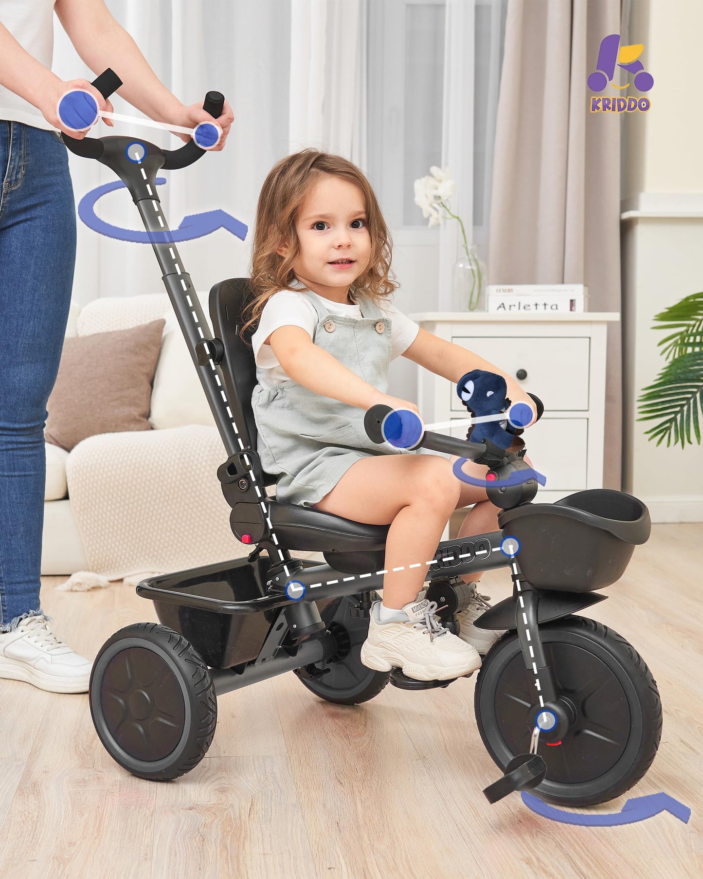 KRIDDO 7-in-1 Tricycle Stroller for Toddlers 18 Months to 5 Years, Adjustable Push Handle, Rotatable Seat, Cup Holder and Retrac