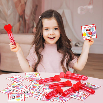 Rotatingpals 24 Set Valentines Day Gifts For Kids, Include 24 Pcs 7.9 X 0.4 Red Heart Bubble Wands With Bubbles Solution, 24