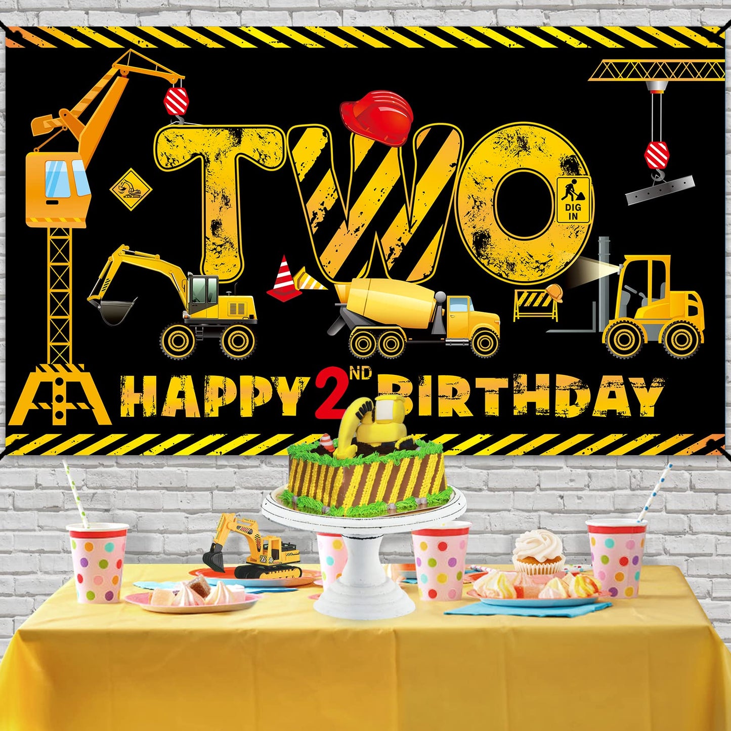 Construction 2Nd Birthday Banner Decorations For Boys Kids, Dump Truck Construction Theme Two Birthday Party Supplies, Excavator