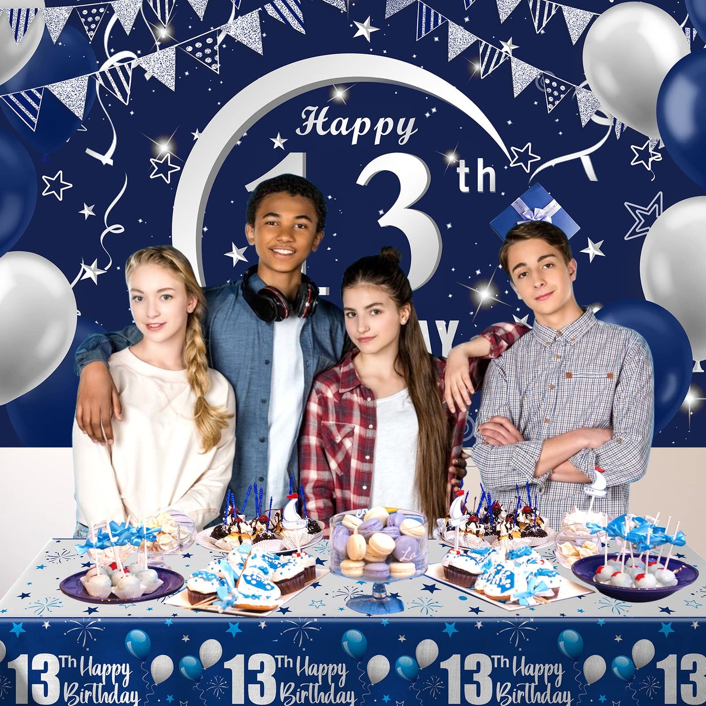 Navy Blue 13Th Birthday Decorations For Boys And Girls, Happy 13Th Birthday Backdrop, Tablecloth, Balloons Garland Arch Kit - 13Th Birthday Banner Party Supplies Bday Decor For Sweet 13 Year Old Teen