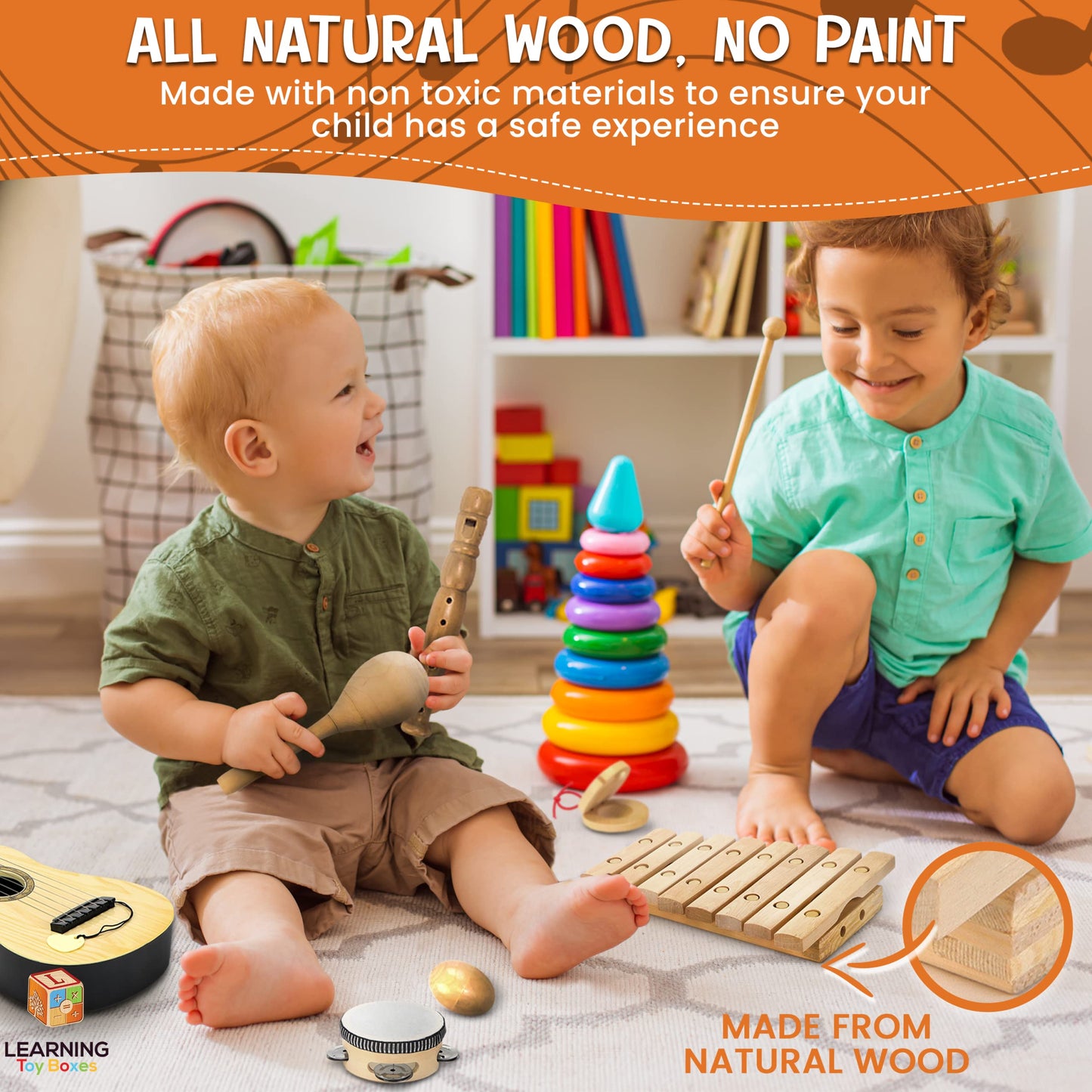 Wooden Kids Musical Instruments - Kids Musical Toys For Toddlers 1-3 - Toddler Learning Toys Music Set Kids Guitar Maracas Toddler Xylophone Tambourine Castanet Egg Shaker Recorder Instrument For Kids