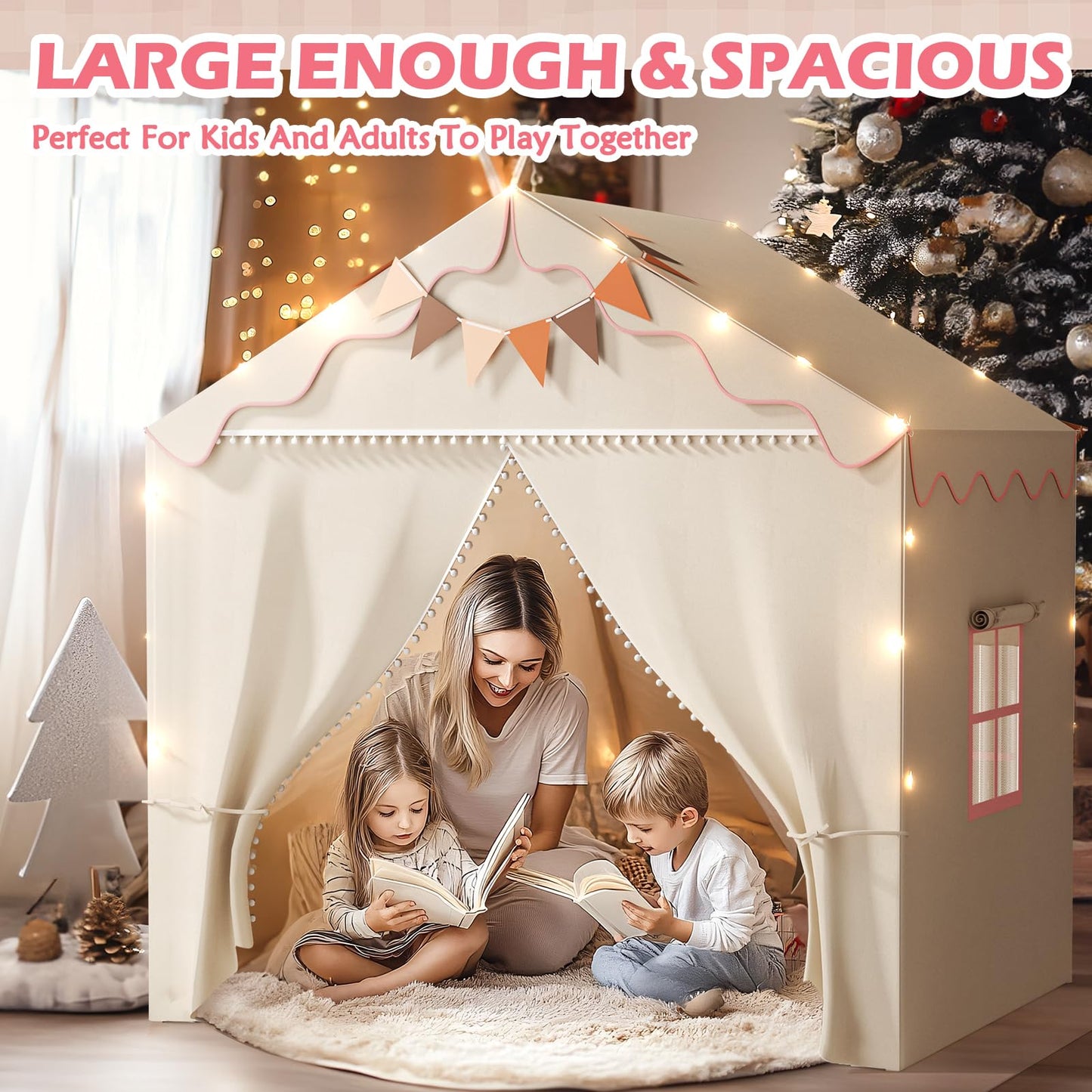 Eagelestone Kids Play Tent, 2 Doors With Padded Mat & Light, Large Tent For Toddler With 4 Windows,Kids Playhouse Outdoor & Indoor, 51' X 39' X 53'