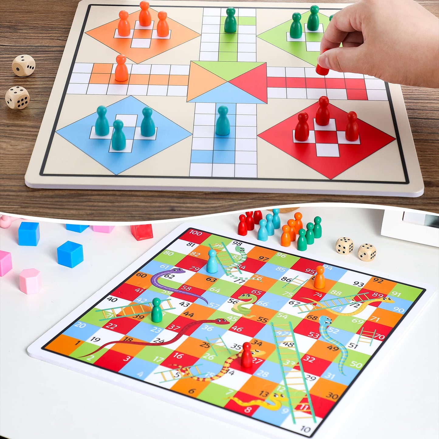 2 In 1 Snakes And Ladders, Ludo Game Set, 12 X 12 Inch Ludo Board Game 2-4 Players Family Dice Games Set Classic Double Sided Game Board For Adults And Teens, With 2 Wooden Dices And 16 Game Pieces