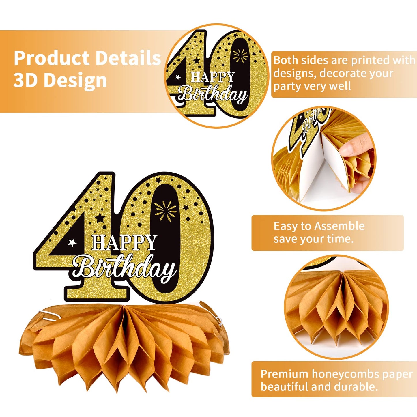 40Th Glitter Black Gold Birthday Banner Party Decorations, Happy 40Th Birthday Decorations Hanging Swirls Banner Honeycomb Centerpieces For Men Women Happy 40 Years Old Bday Party