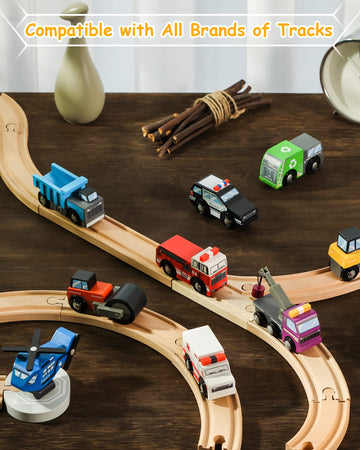 SainSmart Jr. Wooden Train Set Accessories - 10 Colorful Toy Cars for Toddlers & Kids Aged 3+, Compatible with Major Brands