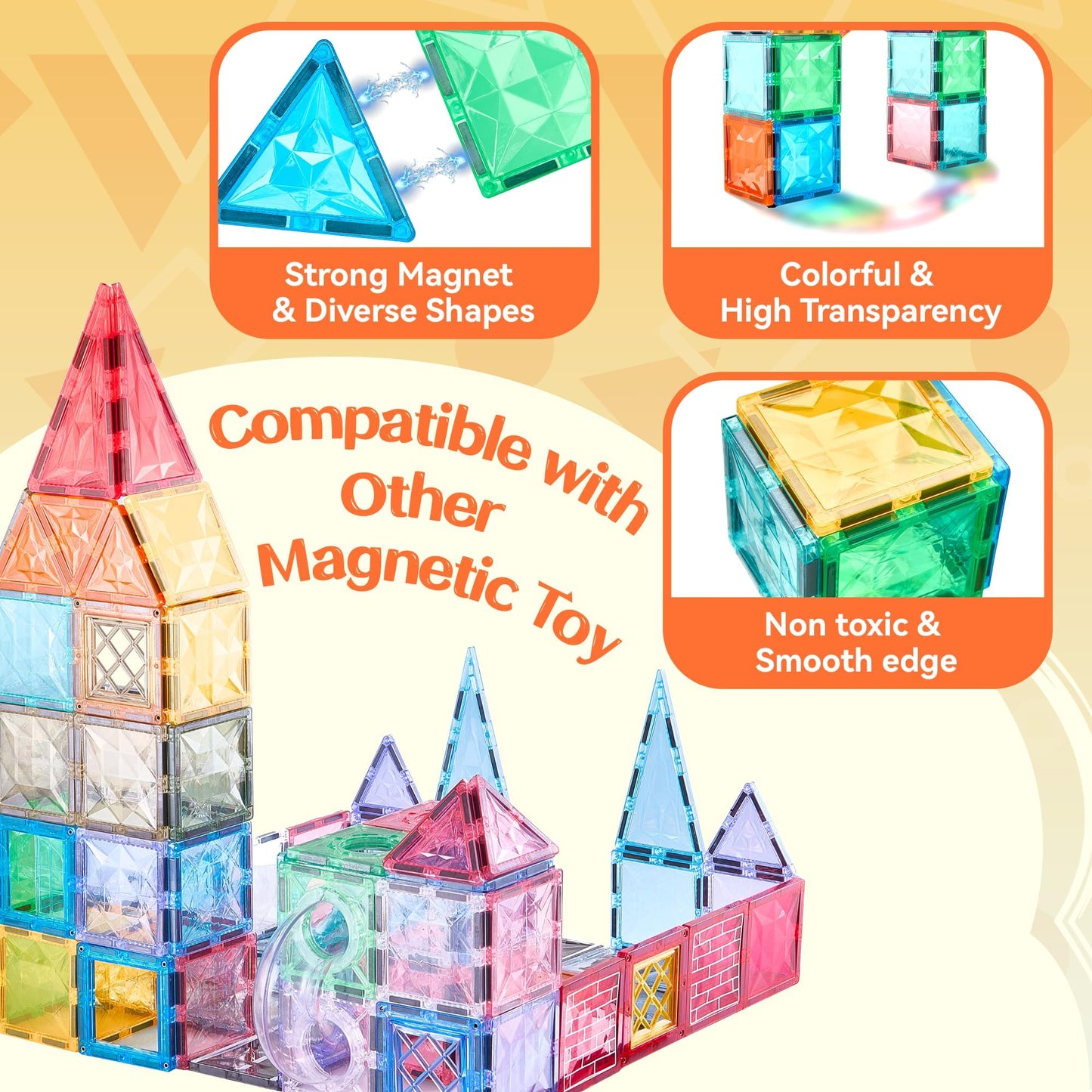 Magnetic Tiles Set, Magnet Tiles Building Blocks With Car Toy Figurines And Stickers, Construction Educational Stem Sensory Toys