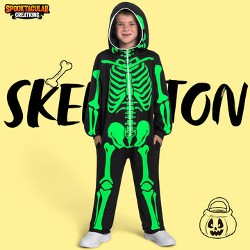 Spooktacular Creations Halloween Kids Skeleton Jumpsuit Pajama, Plush Zip-Up Glow Costume Cosplay In The Dark, Unisex Hooded Skeleton Halloween Sleepwear