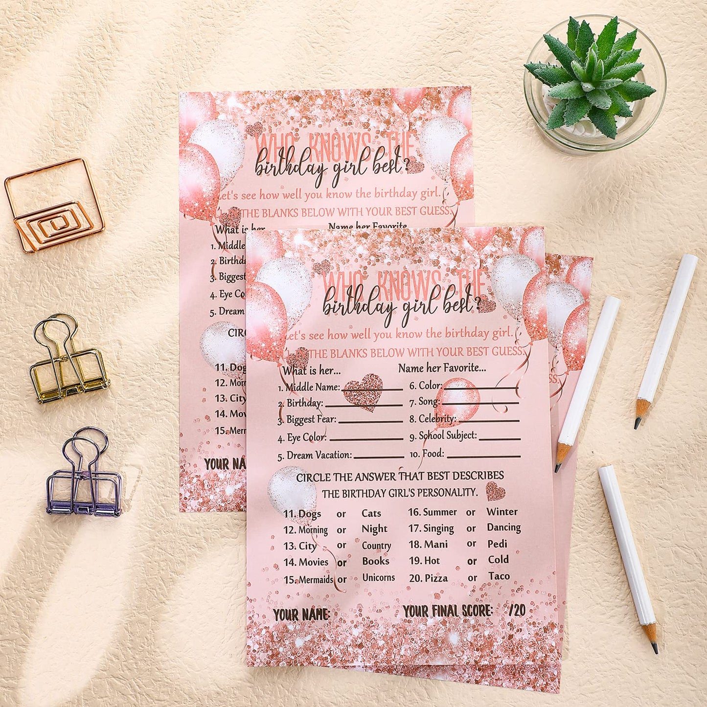 Leinuosen Who Knows The Birthday Girl Best Card, 50 Pcs Birthday Party Game Set Girly Pink Rose Gold Sprinkles Themed Birthday C