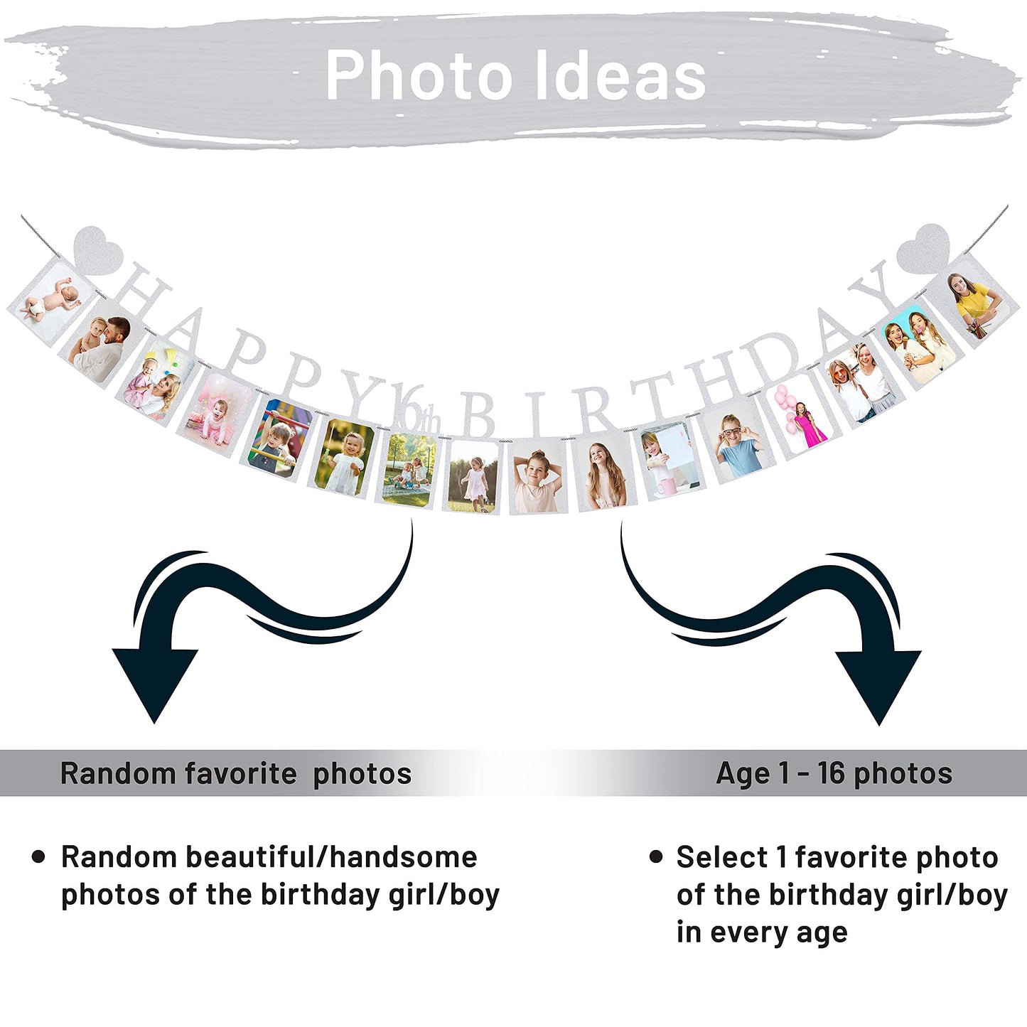 Sweet 16 Birthday Decorations Photo Banner In Silver Pre-Assembled - Sweet 16 Banner With Sixteen Photo Card Frames Party Suppli