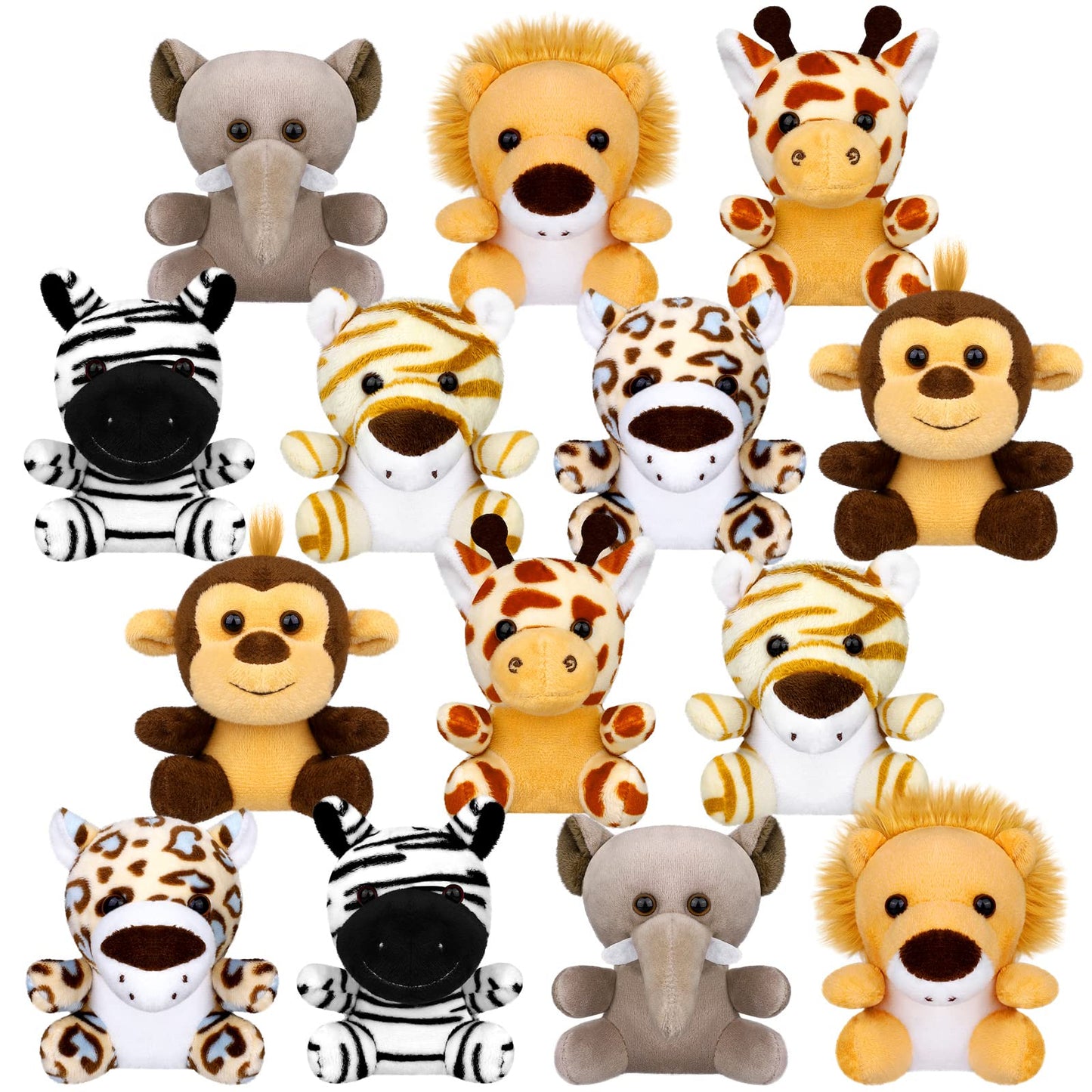 Elcoho 14 Pieces Safari Mini Jungle Animal Plush Toys Small Stuffed Forest Animals Plush Toys 3.75 Inch Keychain Decorations For Animal Themed Parties Goody Bags Filler Favors (Sitting)