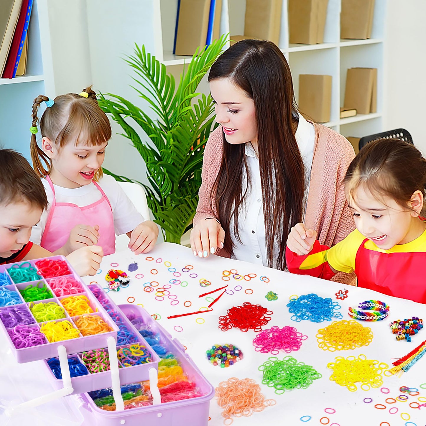 Inscraft 17500+ Rubber Loom Bands With 3 Layer Light Purple Container, 28 Colors, 600 S-Clips, 352 Beads, 40 Cartoon Pendant, Bracelet Making Refill Kit For Kids
