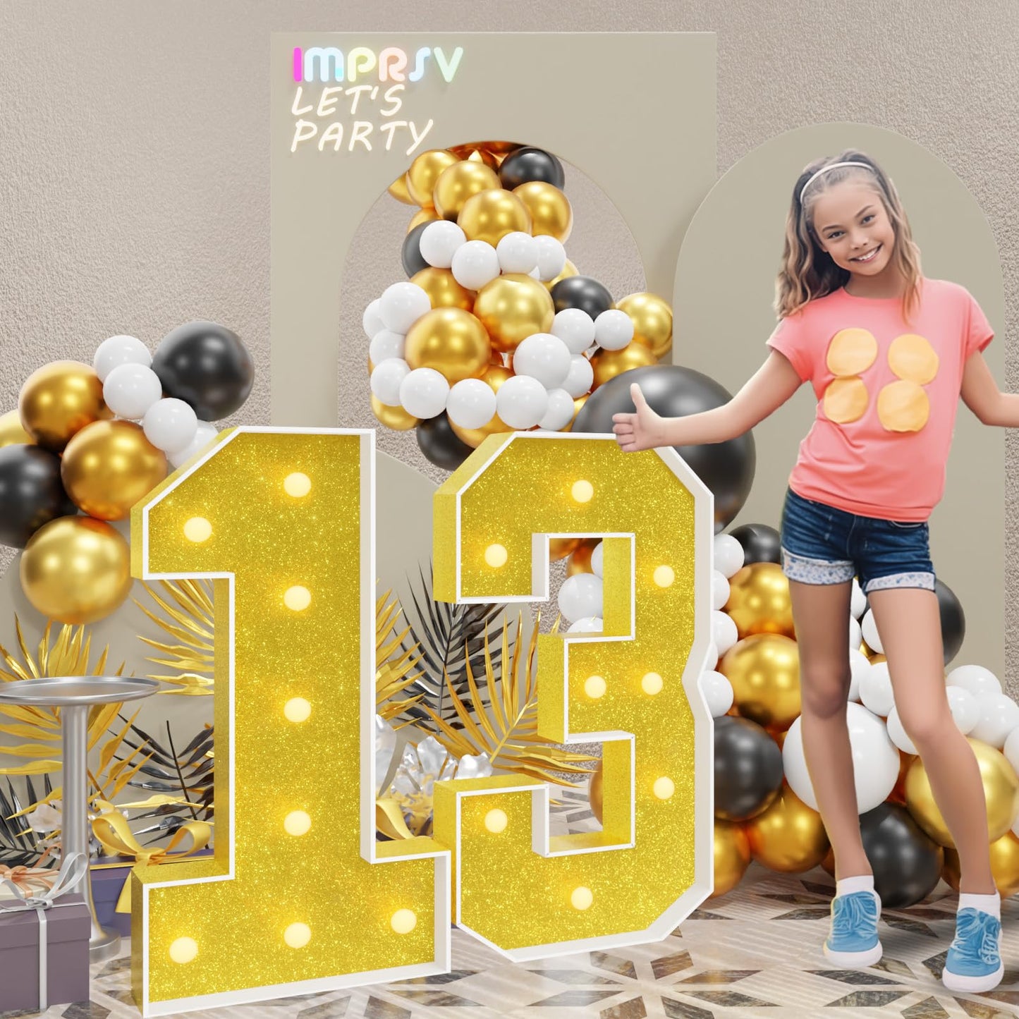 Imprsv 3Ft Gold 13Th-Birthday Decorations Numbers: 13Th Birthday Party Anniversary Decorations Large Light Up Numbers 13 For Gir