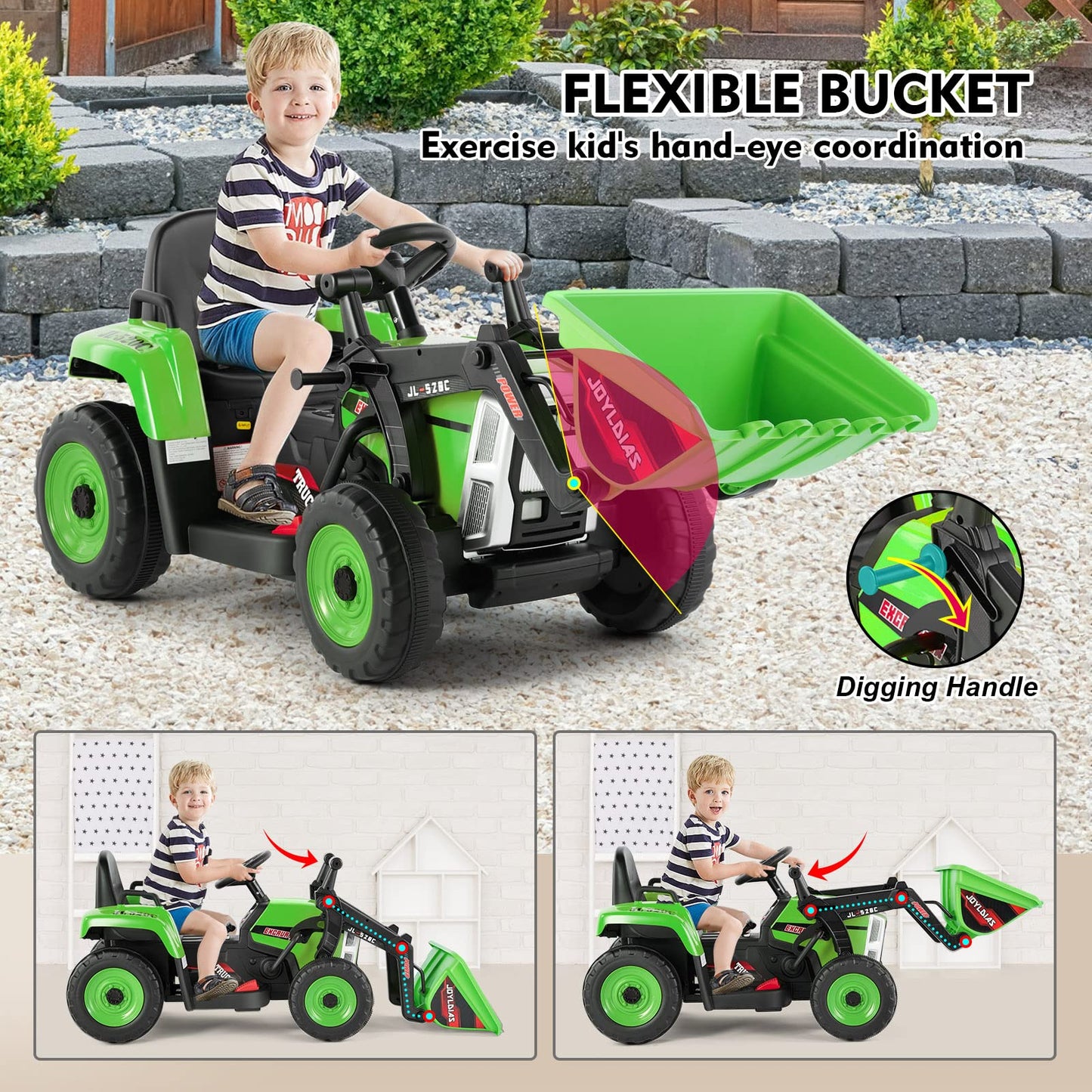 Joyldias 12V Ride On Excavator With 2.4Ghz Remote Control, Electric Construction Vehicle Bulldozer For Kids Digger With 3 Speeds, Bluetooth, Microphone Jack, Music, Lights, Green
