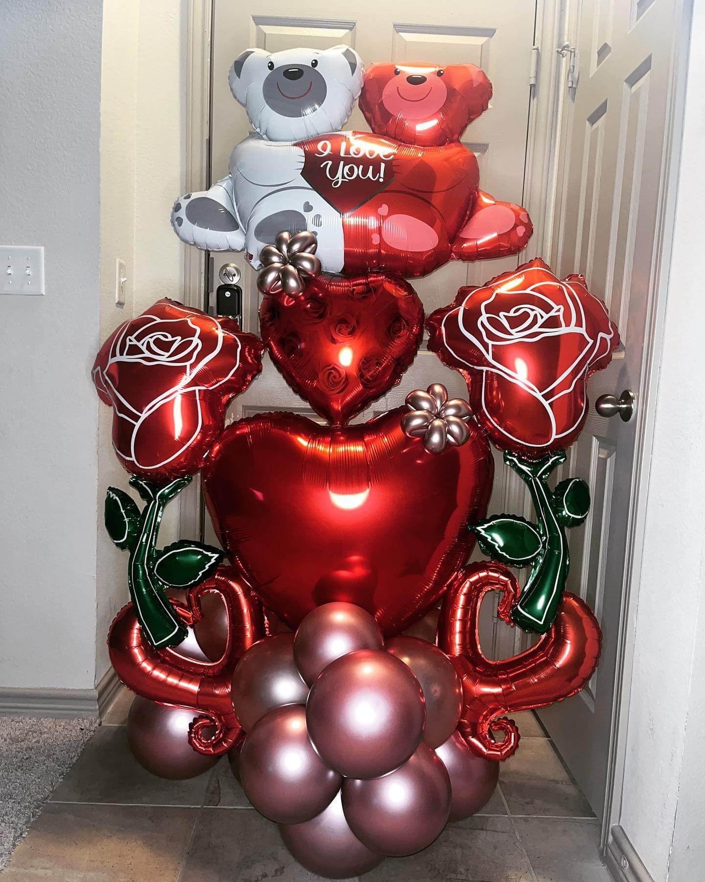8 Pcs Red Heart Balloons Love Bears Balloons Red Flower Rose Balloons For Valentines Day Decorations Bridal Shower Wedding Party