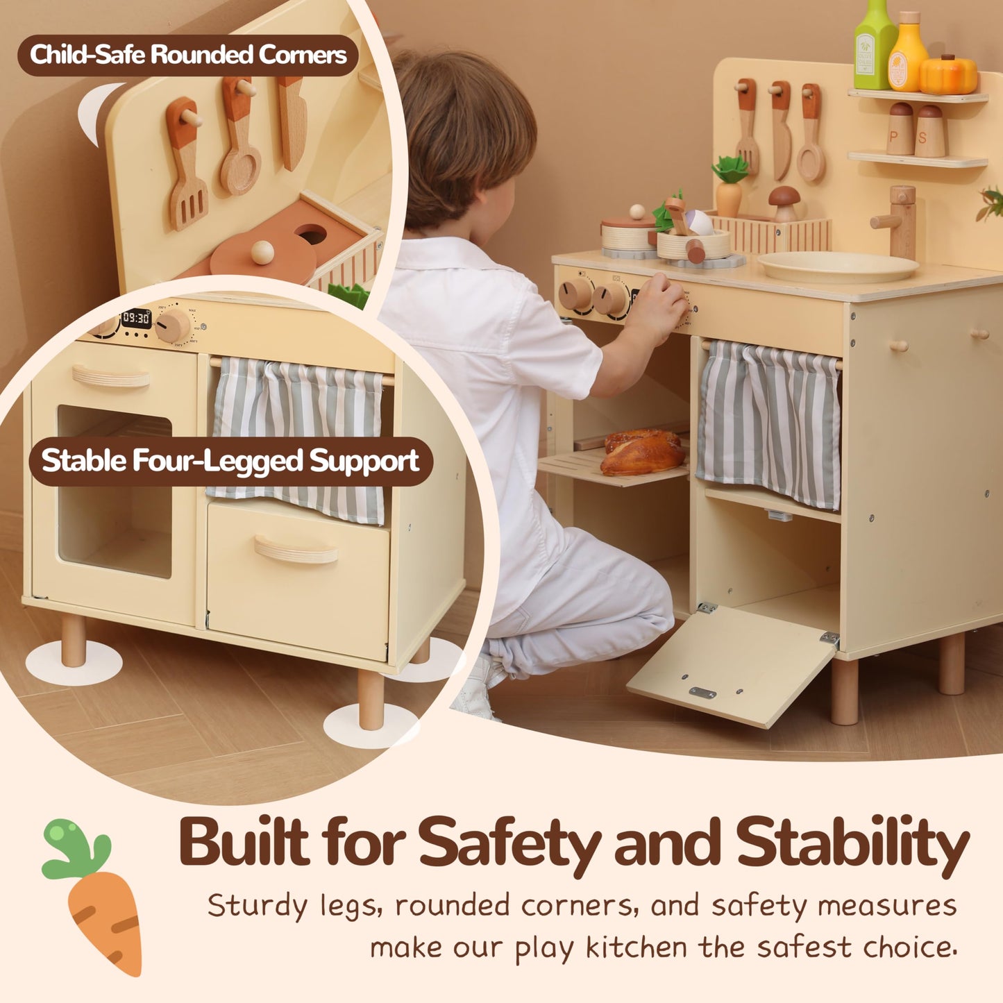 Leeshyah Play Kitchen for Kids, Classic Wooden Kitchen Playset with Food Accessories Set Ideal for Creative Pretend Play, Suitab