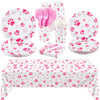 Durony 121 Pieces Pink Paw Print Party Supplies Dog Birthday Tablecloth, Plates, Napkins, Forks And Paper Cups Decorations For P