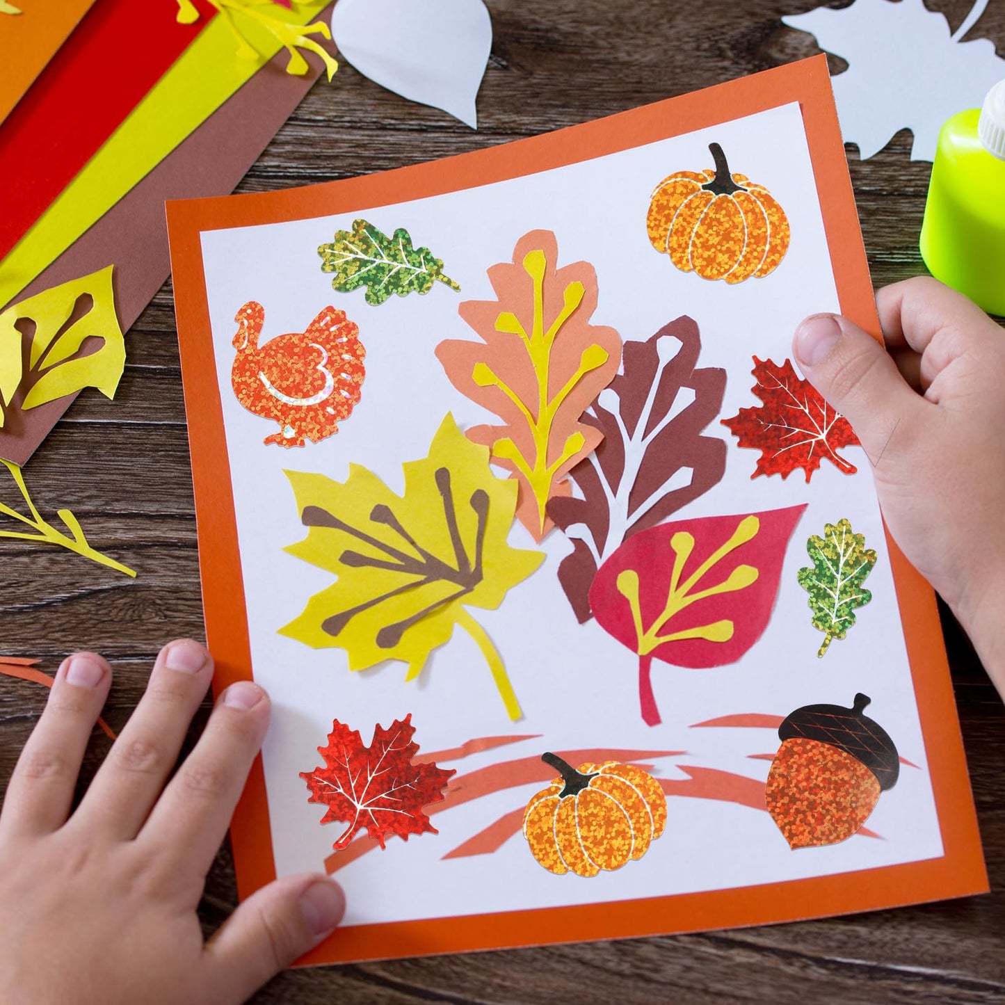 Feifeiya 500 Pcs Fall Thanksgiving Stickers Roll Laser Turkey Maple Leaf Acorn Decals 1.5 Inch Waterproof Self Adhesive Sparkly