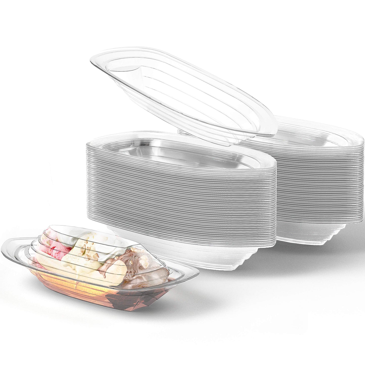 Super Fun, Recyclable Banana Split Boats 100 Pk. Best Long, 12 Oz + 8 Oz Combo Of Disposable Bowls W/Lids For Ice Cream Sundaes.
