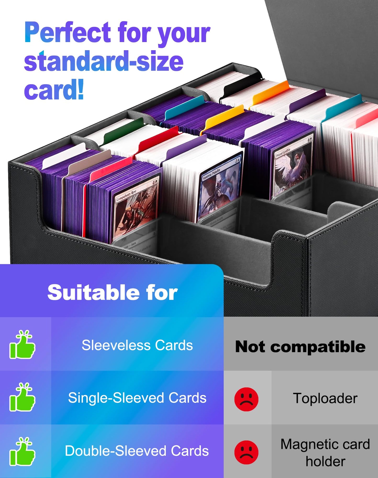 Uaono Card Storage Box For Trading Cards, 2400+ Mtg Commander Deck Box With 24Pcs Colorful Divider, Card Case Fits For Magic Tcg Ptcg Game Cards(Black&Gray)