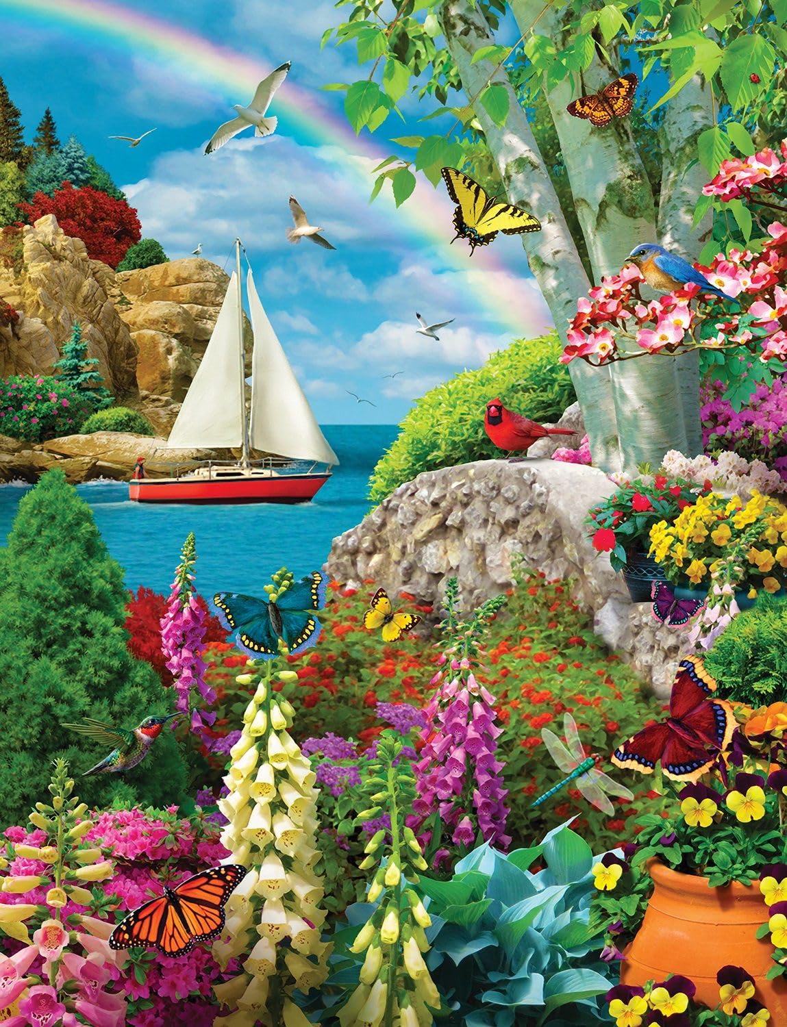 Springbok Stairway To Serenity 500 Piece Jigsaw Puzzle For Adults By Arist Alan Giana - Colorful Garden By The Ocean - Finished Size 23.5' X 18'