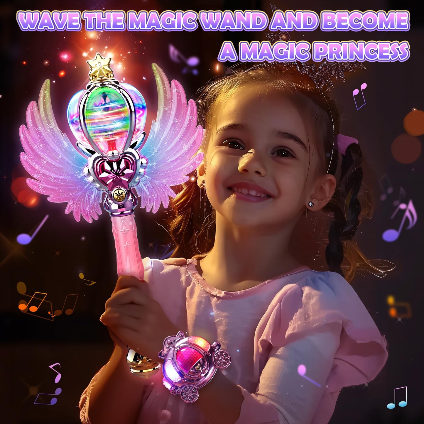 Skirfy Princess Wands For Little Girls, Magic Wand Toys For Girls With Spinning Leds And Magic Sound, Great For Girls, Pink