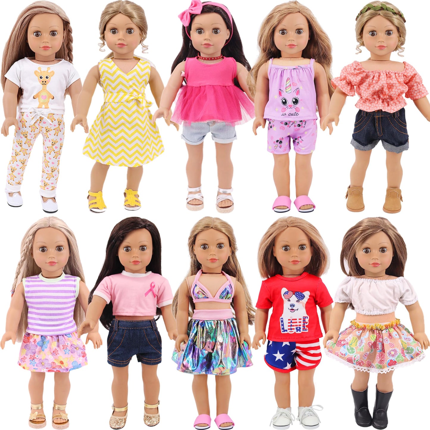 K.T. Fancy 10 Sets American 18 Inch Doll Clothes And Accessories Include Doll Clothing Dress Fit For 18 Inch Dolls ( No Doll )