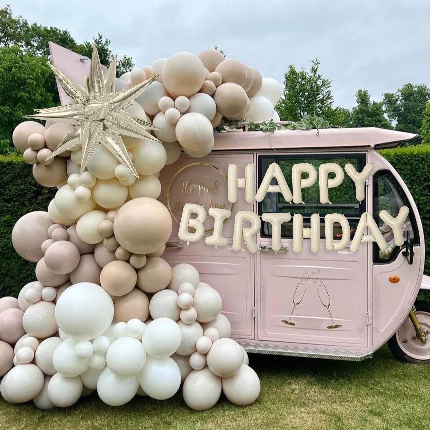 Cream Happy Birthday Balloons Banner, 16 Inch Mylar Foil Letters Birthday Sign Banner, Cream Reusable Birthday Balloons For Wome