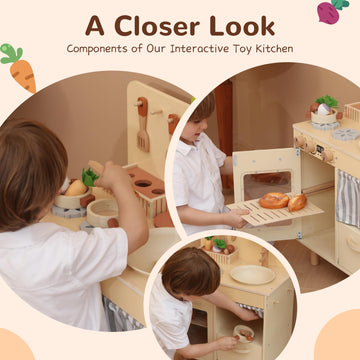Leeshyah Play Kitchen for Kids, Classic Wooden Kitchen Playset with Food Accessories Set Ideal for Creative Pretend Play, Suitab