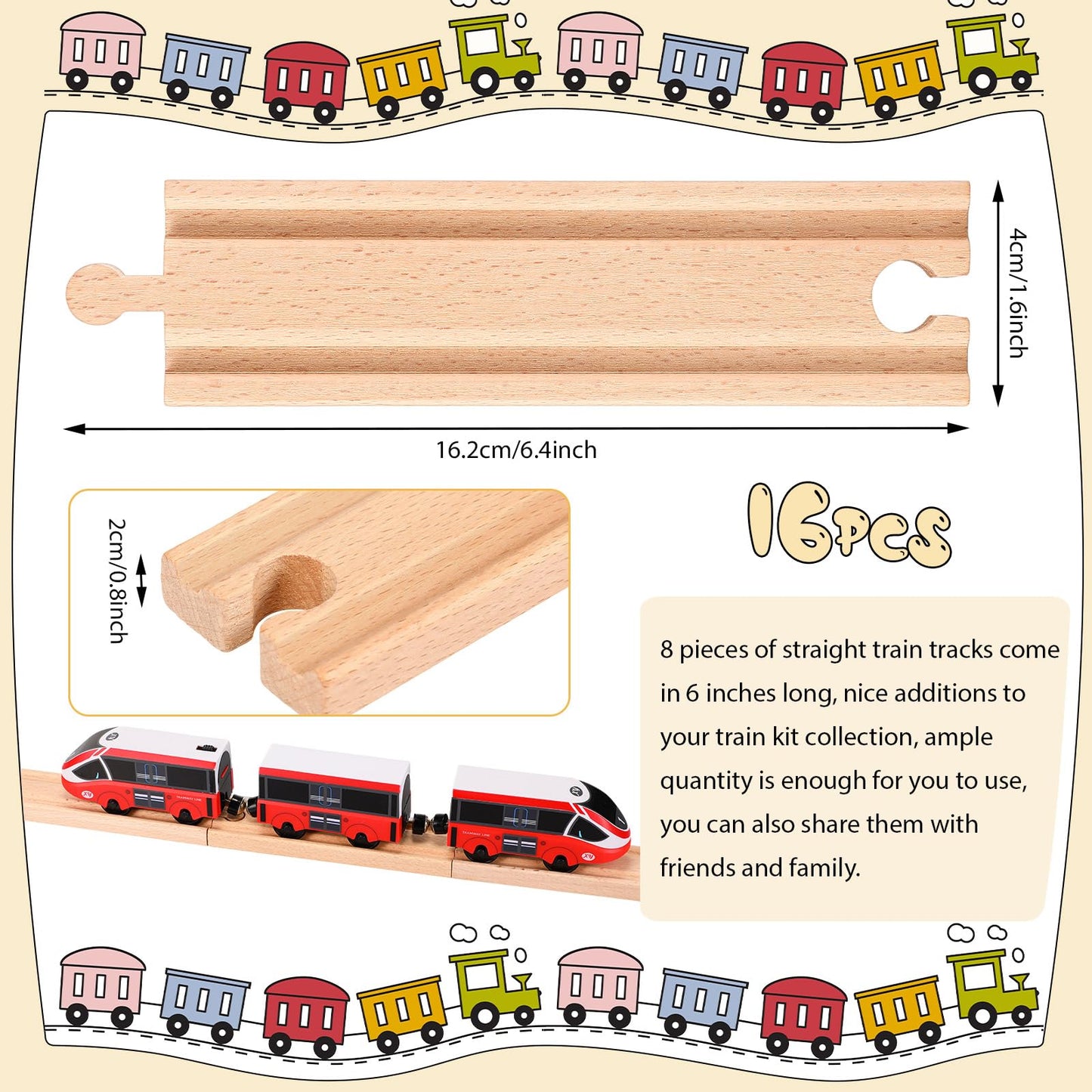 Liliful Pack of 16 Straight Wooden Train Track Expansion Male-Male Female-Female Train Track Compatible with Most Train Tracks 6