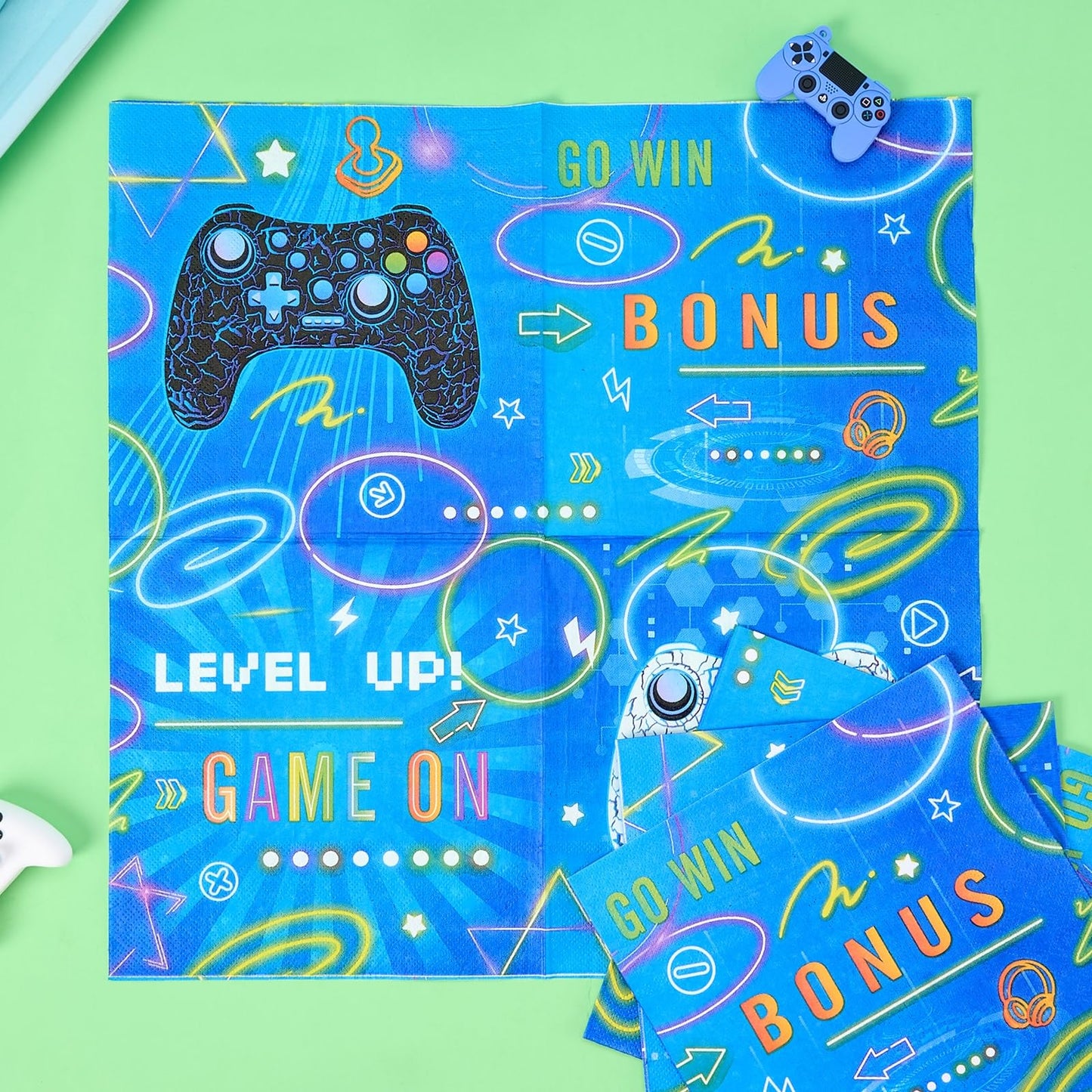 Wernnsai Blue Video Game Party Paper Plates Cups Napkins - 64 Pcs Gamer Birthday Party Decorations For Boys Gaming Night Tableware Set Disposable Dinner Dessert Plates Napkins Cups Serves 16 Guests