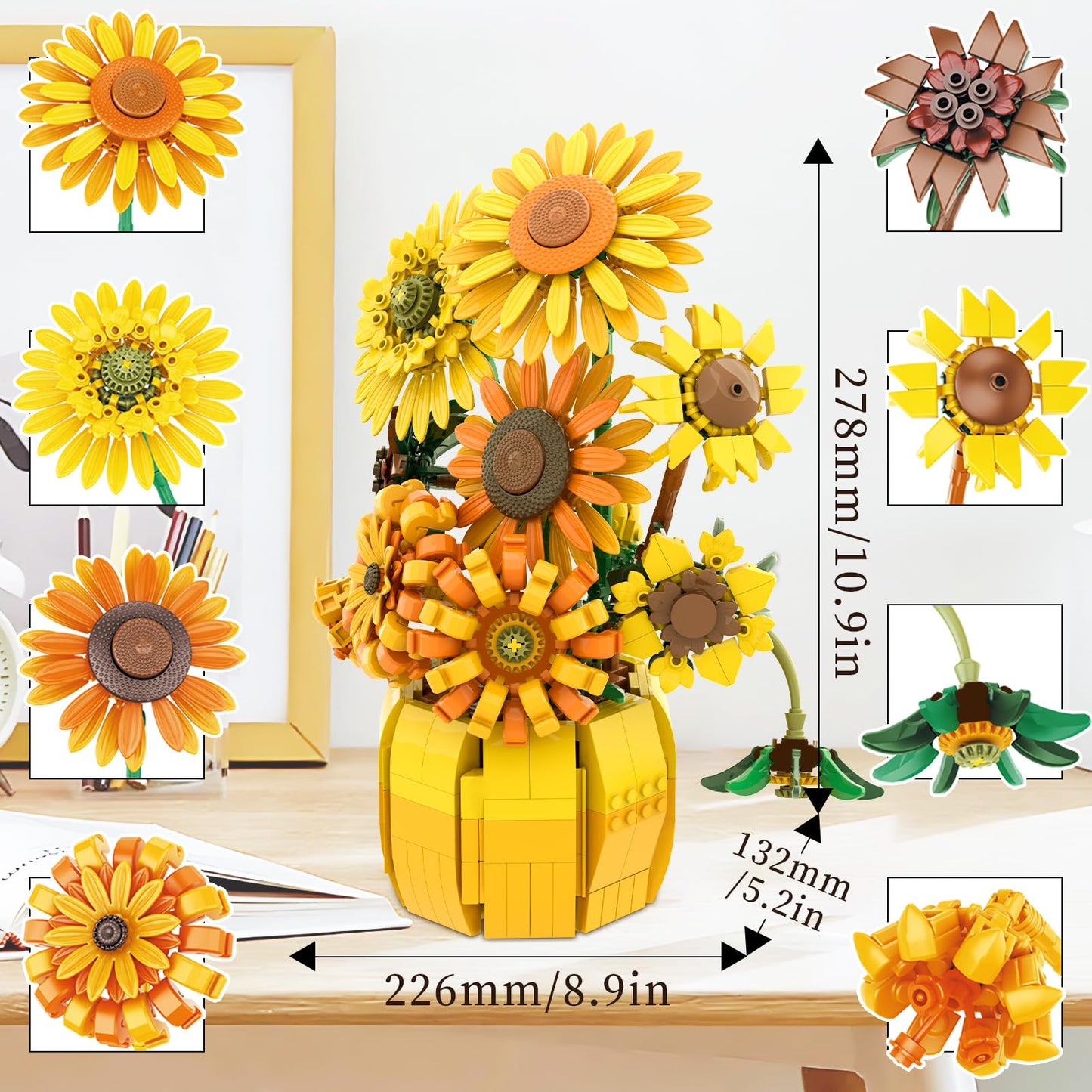 Flowers Building Set for mature-themed Icons Sunflowers Pot Kits Compatible with Lego Flowers Artificial Flowers Botanical Collection Christmas Valentine's Day Gifts for Him Husband Her Kids 8+