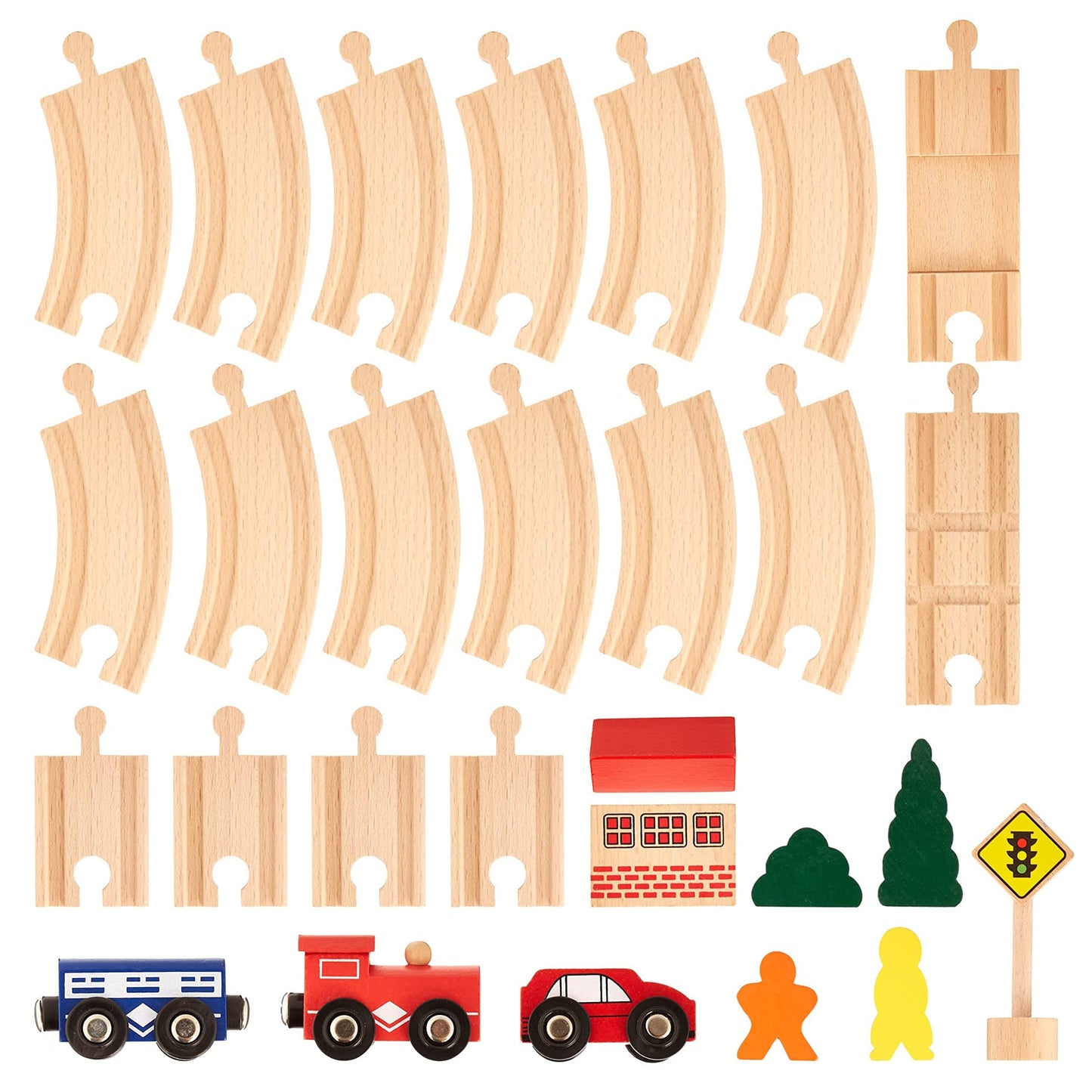 Figure 8 Railway Set, 28 Pieces - Wooden Train Track Set With Train Cars, Town Pieces, People And Tracks - Compatible With Major Wood Toy Trains - Games, Toys, Hobbies, And Activities For Family Fun